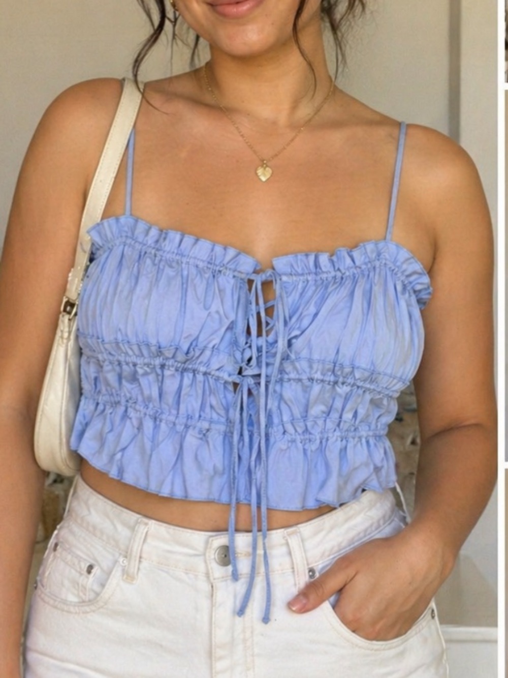 ZARA Light Blue Ruched Crop Top Tie Front Size XL